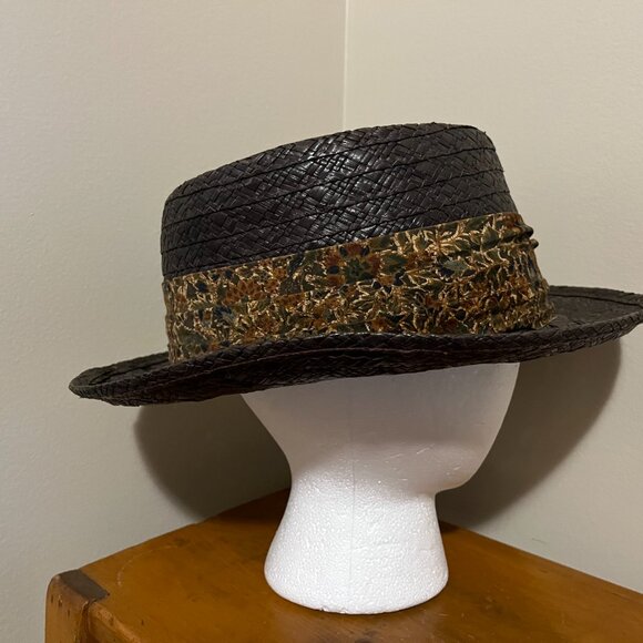 VINTAGE WORMSER MACORA STRAW HAT, 7 1/4 Brown, Rolled Brim, Floral Band New York - Picture 8 of 13
